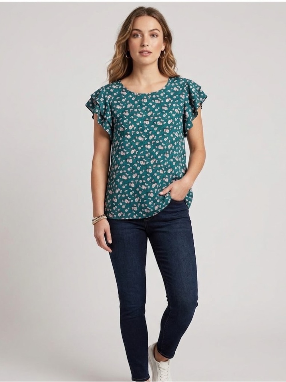 Perfect Peach Green Floral Ruffle Cap Sleeve Blouse, Women’s Size Small, pink